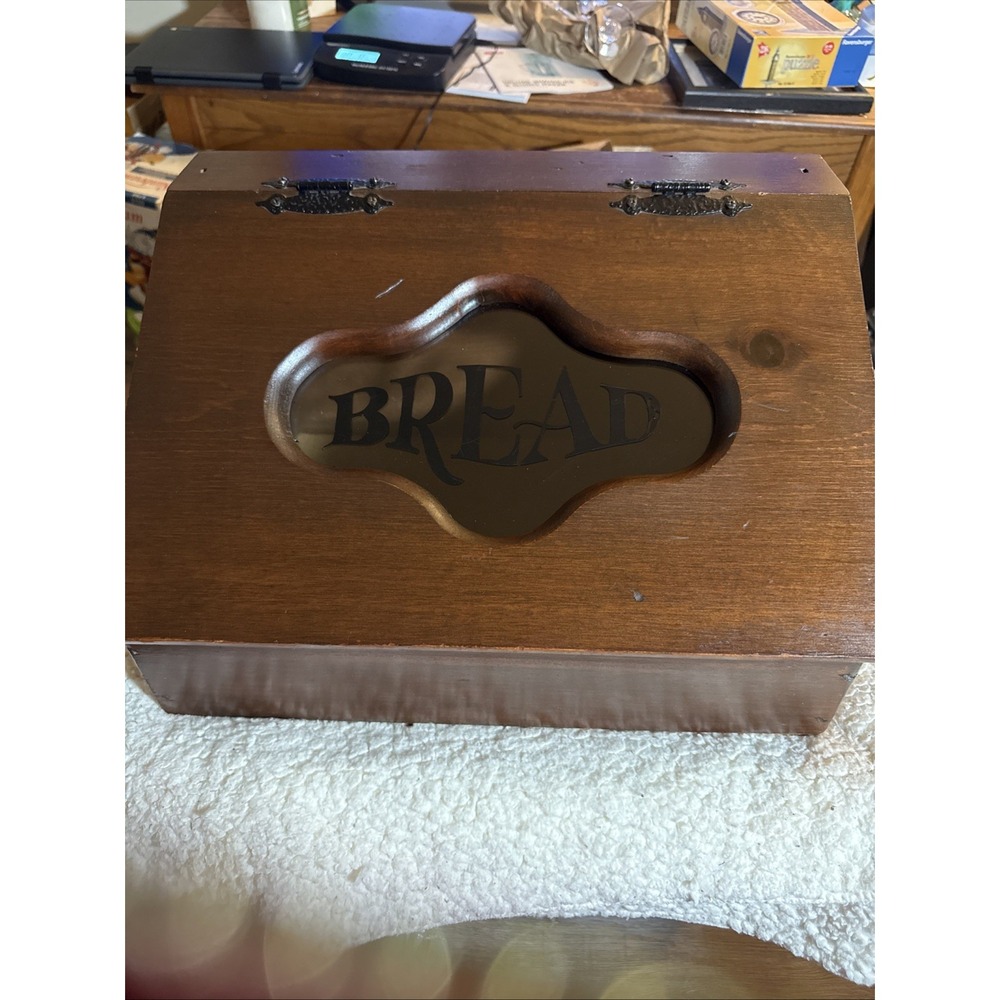 Bread Box Vintage Wooden Flip Top Window Made 1977 Brown /Black Ink BREAD USA